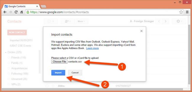 fichier csv contacts Importer pour Google